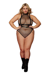 Black Queen Size Fishnet Teddy and Faux Leather Harness Set Womens Leather